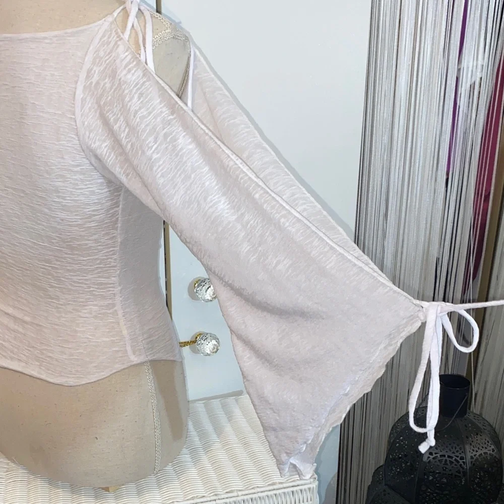 Vintage White Women's Cut Out Blouse with Draped Neckline - Picture 8 of 17